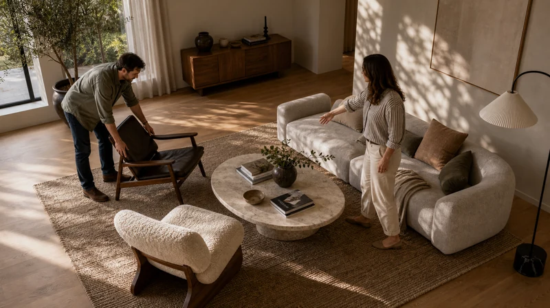 Couple rearranging a lounge chair in their living room