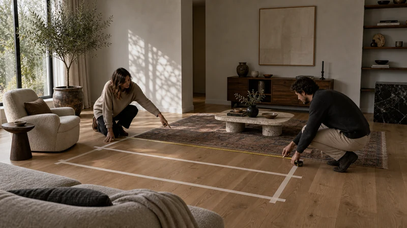 Homeowner and designer measuring the footprint of a new sofa