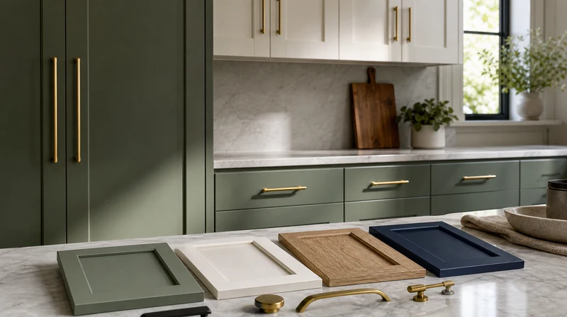 Kitchen cabinet color and hardware samples on a countertop