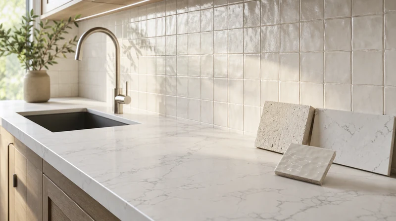 Quartz countertop and handmade tile backsplash material options