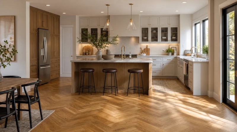 Completed kitchen remodel with wood flooring and pendant lighting