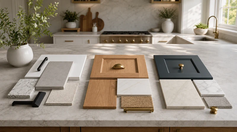 Kitchen remodel style material boards on a stone island
