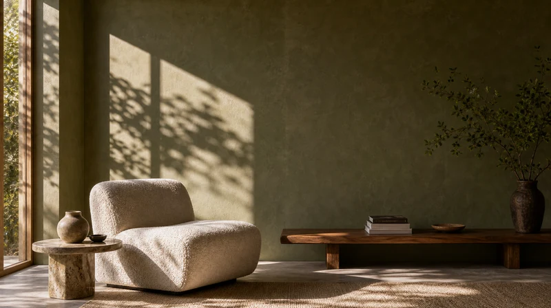 Olive painted wall shown in direct sunlight and natural shadow