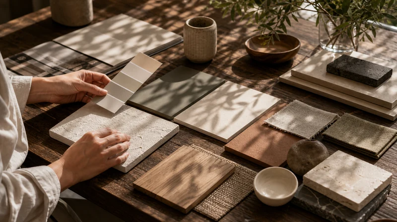Interior designer comparing paint, plaster, wood, stone, and fabric samples