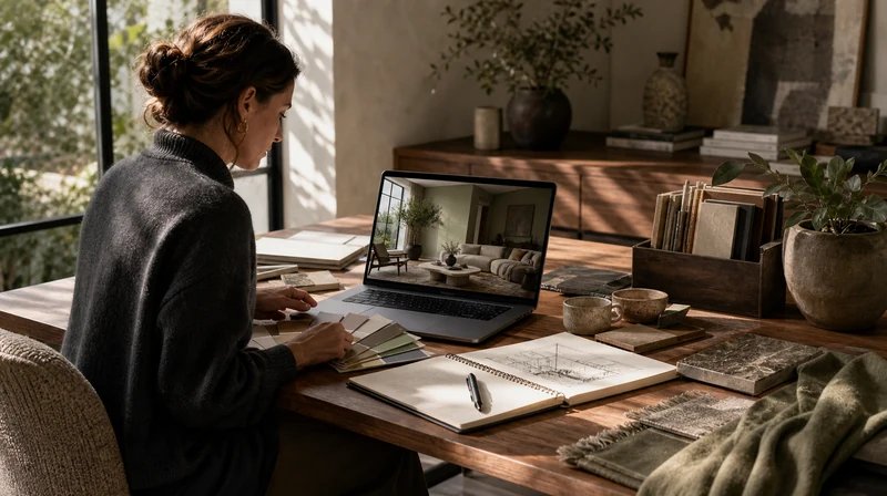 Interior designer completing a room color scheme on a laptop