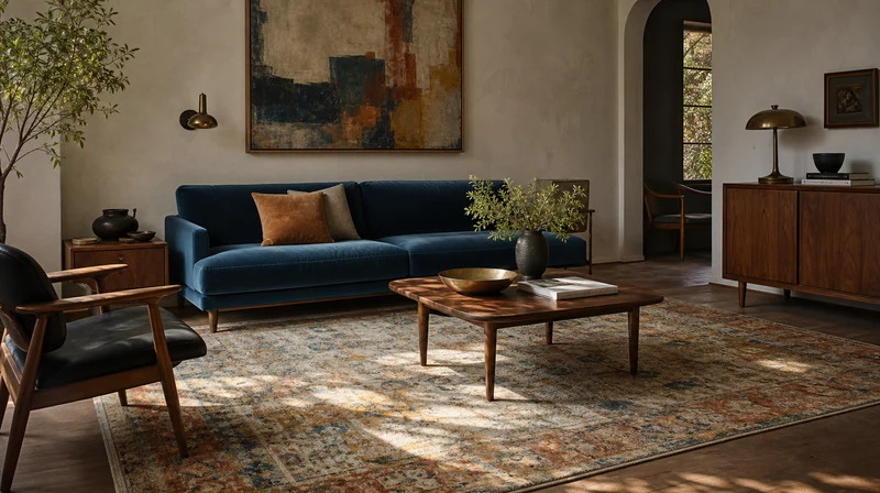 Vintage rug coordinated with a blue sofa and warm wood decor