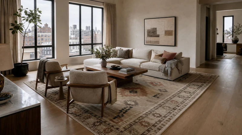 Large patterned rug correctly sized for a living room seating area