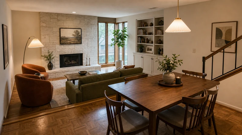 Color-corrected living and dining room with mixed lighting