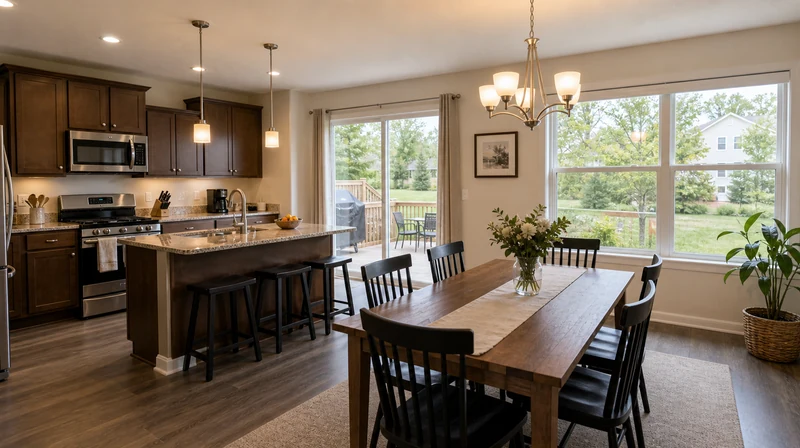 Balanced exposure in a bright kitchen and dining listing photo